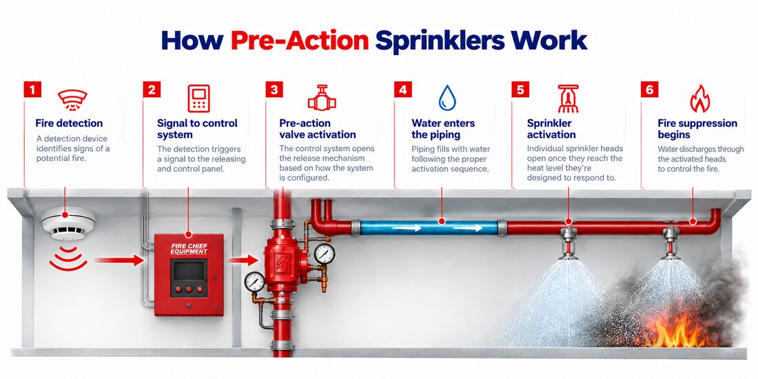 graphic depicting how pre-action fire sprinklers work